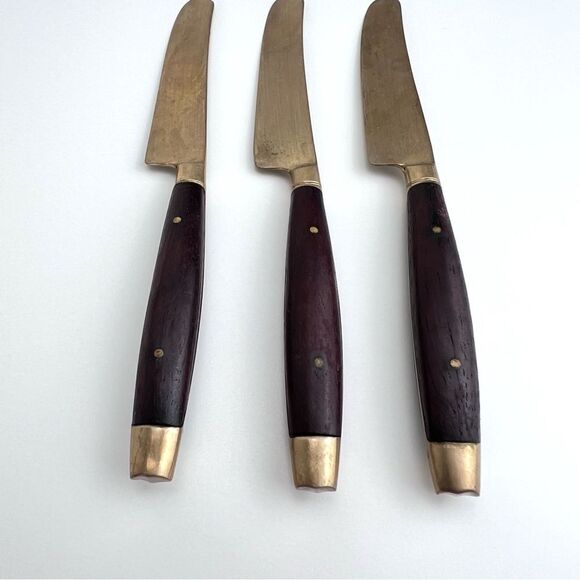 Vintage Brass Teak Inlaid Wood Butter Knives Set Of 3 - Picture 2 of 7